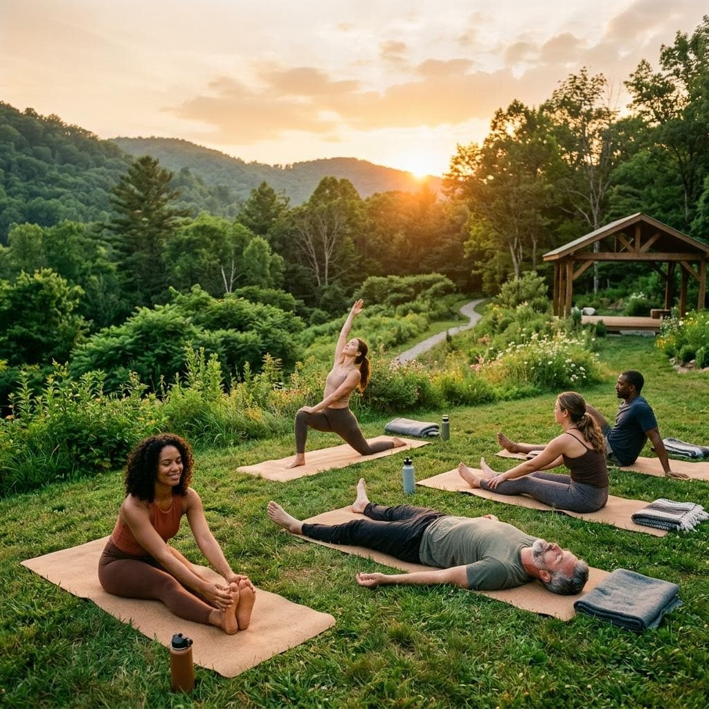 Participants practising yoga on mats in a mountain meadow at sunrise